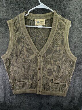 COOGI Naturals Sweater Vest Sleeveless Green Knit Geometric Cardigan Cotton L